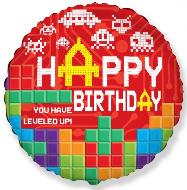 Fóliový balónek "Tetris" Happy Birthday, gaming, kruh - 46cm