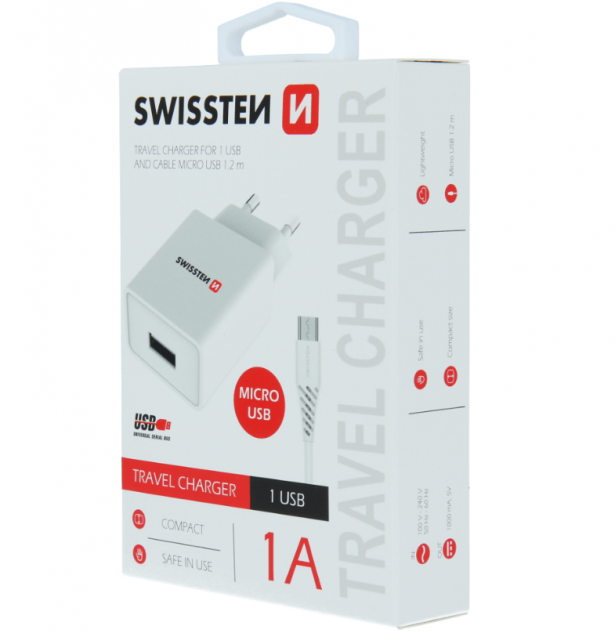 SMART IC síťový adaptér 1x USB 1A POWER + datový kabel USB - microUSB, 1.2m, bílá (zn. SWISSTEN)