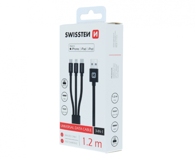 Kabel USB 3v1 - lightning MFI/ microUSB / USB-C, 1.2 m, černý (zn. SWISSTEN)