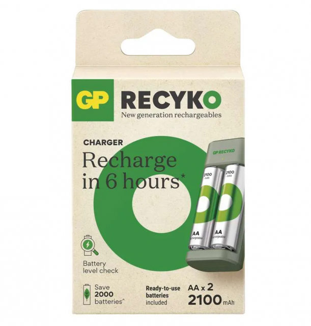 Nabíječka baterií GP ECO E221 + 2x AA, Recyko 2100