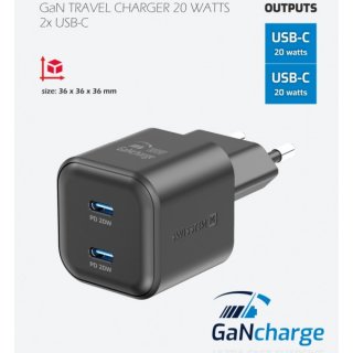 Adaptér Swissten Gan 2x USB-C 20W s funkcí rychlonabíjení černý