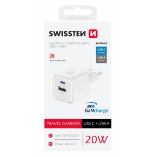 Mini adaptér GaN 230V 20W POWER DELIVERY 1xUSB-C + 1xUSB QC 18W BÍLÁ