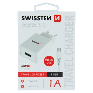 SMART IC síťový adaptér 1x USB 1A POWER + datový kabel USB - microUSB, 1.2m, bílá (zn. SWISSTEN)