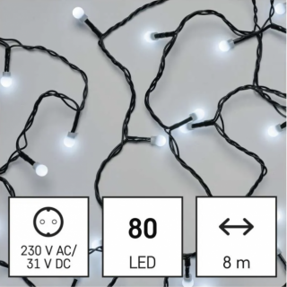 LED vánoční cherry řetěz – kuličky, 8m, venkovní i vnitřní, studená bílá, časovač (zn. EMOS)