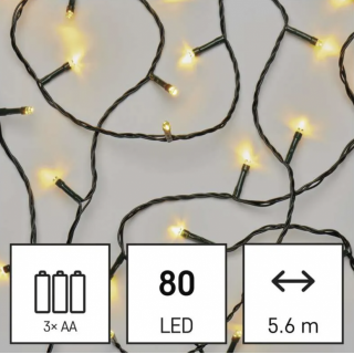 LED vánoční řetěz, délka 5.6 m, na 3x AA baterie, venkovní i vnitřní, teplá bílá, časovač (zn. EMOS)