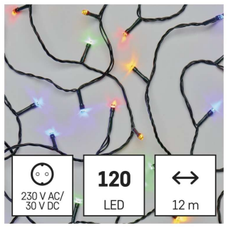 LED vánoční řetěz, 12m, venkovní i vnitřní, multicolor, časovač (zn. EMOS)