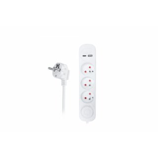 Solight 3way prodlužovací přívod s USB A+C nabíječkou 2.4A, 2m, 3 x 1mm2, bílý, vypínač